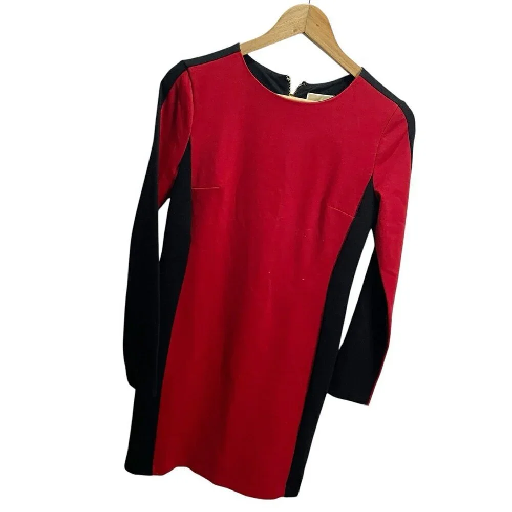 Michael Kors 2 Red Black Colorblock Sheath Dress Long  Sleeve Career  Stretch‎